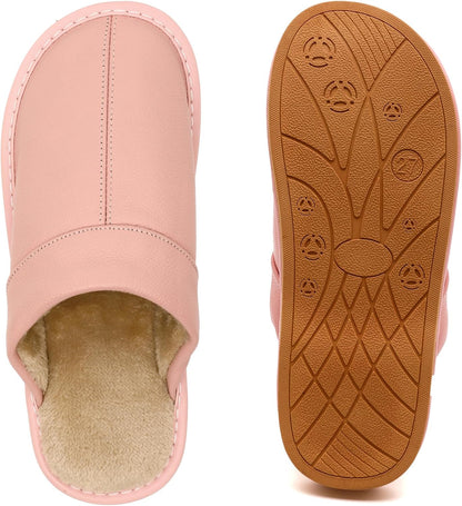 Slippers for Women Men, Genuine Leather Slippers Indoor Outdoor, Fuzzy Bedroom House Shoes for Women Men, Plush Lining Womens Sandals Slip-on