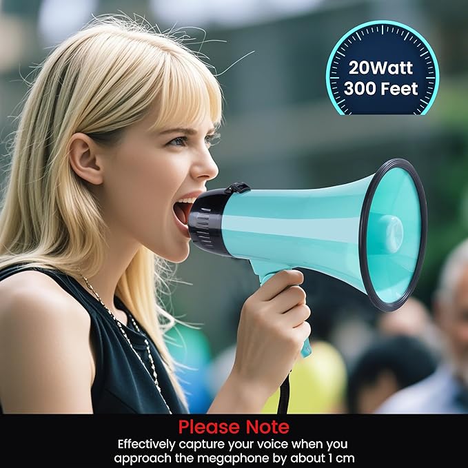 MyMealivos 20W Megaphone Bullhorn, Built in Siren & 240s Recording, 5.4"×8.6" Portable Megaphone with Volume Control Cover Up to 300 feet+ for Indoor and Outdoor Activities(Teal)
