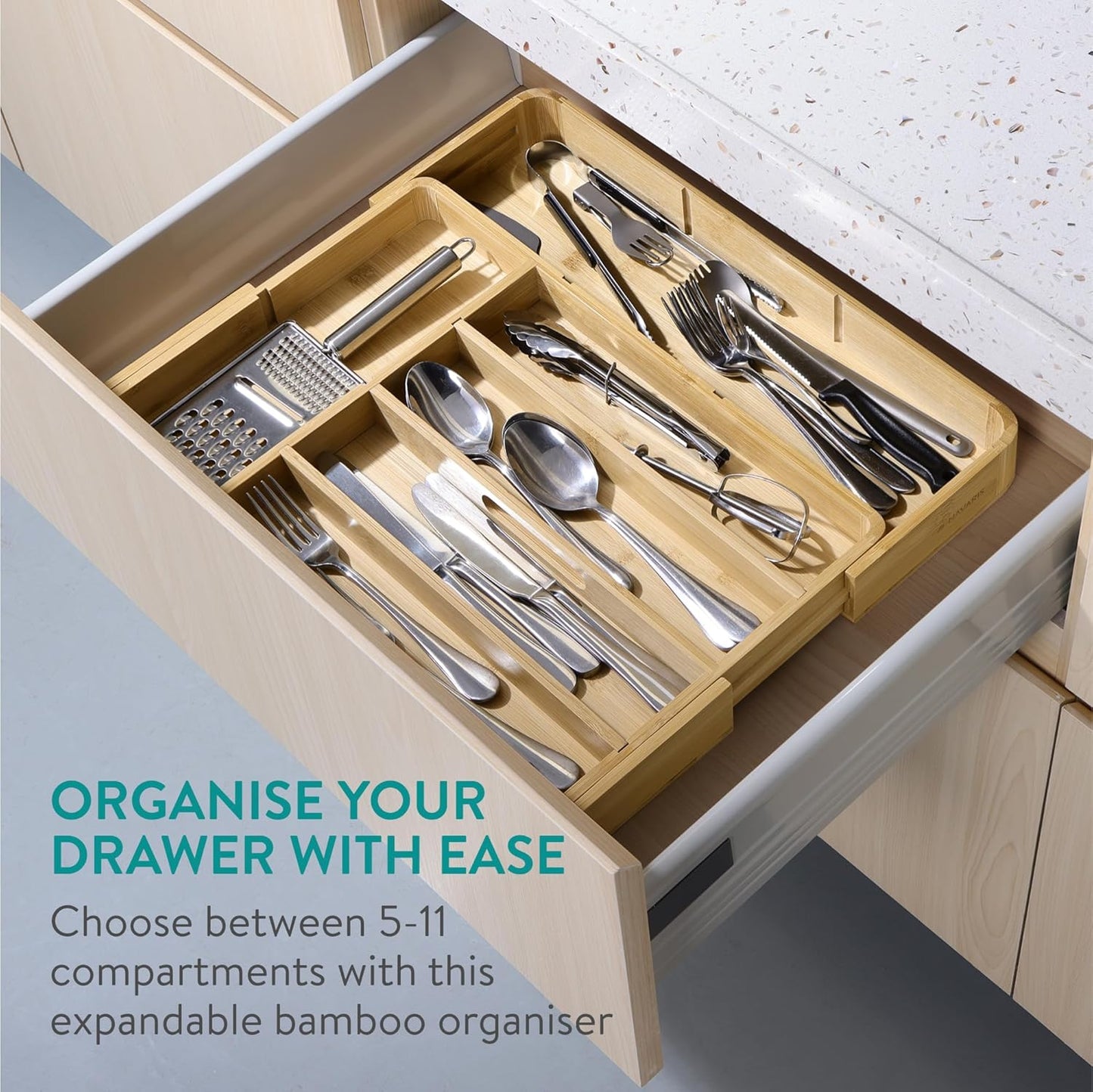 Navaris Bamboo Kitchen Drawer Organiser - Cutlery Tray with Removable Divider for Customisable Drawers Storage - Expandable Trays for Utensils, Tools, Makeup, Stationery, 30 x 43cm
