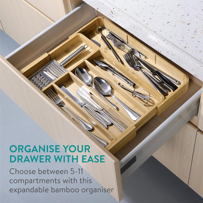 Navaris Bamboo Kitchen Drawer Organiser - Cutlery Tray with Removable Divider for Customisable Drawers Storage - Expandable Trays for Utensils, Tools, Makeup, Stationery, 30 x 43cm