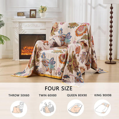 100% Muslin Throw Blanket for Couch, Butterfly and Floral Double Embroidery Summer Throw Blanket 60"x80" for Bed, Chair, Woven Cotton Reversible Mexican Blanket