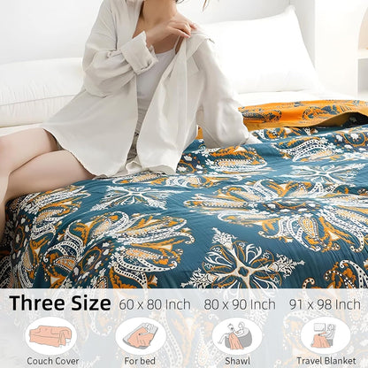 Boho Throw Blanket for Bed - 100% Pure Cotton Ultra Soft Rustic Quilt - Farmhouse Decor Bed Blankets, All Season Rustic Throw for Sofa Couch Chair(80''x 90'', Boho Floral)