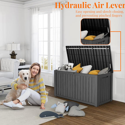 150 Gallon Deck Box,Resin Outdoor Storage Box with Lockable for Patio Furniture, Pool Accessories, Garden Tools Waterproof Outside Storage Box, Black