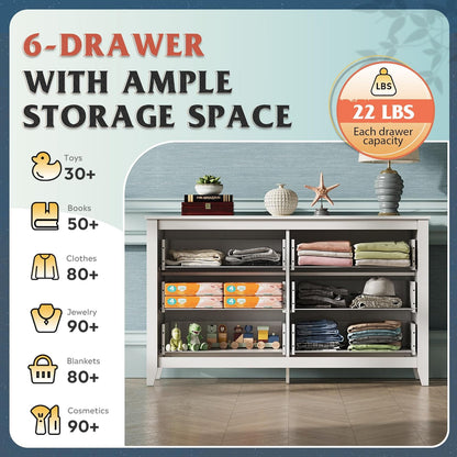 WLIVE White Dresser for Bedroom, 6 Drawer Wood Dresser with Metal Handle, Large Double Wooden Chest of Drawers for Living Room, Hallway, Closet