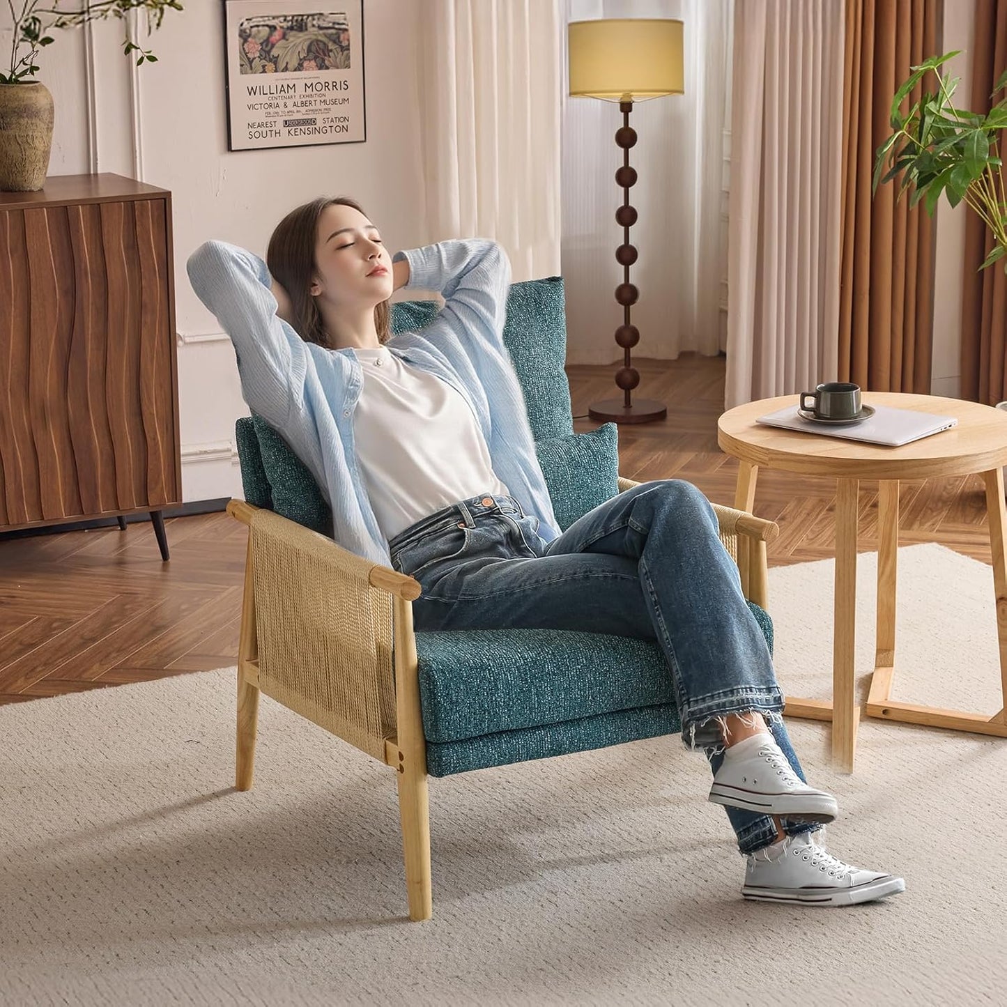 VINGLI Boho Braid Accent Armchairs Set of 2,Mid-Century Modern Chiars with Solid Wooden Armrest,Comfy Louge Cushion Chairs with Waist Pillow for Bedroom,Living Room,Reading Room, Teal