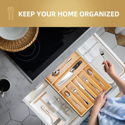 Silverware Organizer Kitchen Drawer Organizer Utensil Organizer Bamboo Silverware Holder Cutlery Organizer in Drawer Flatware Organizer Tray(7 slots, Natural