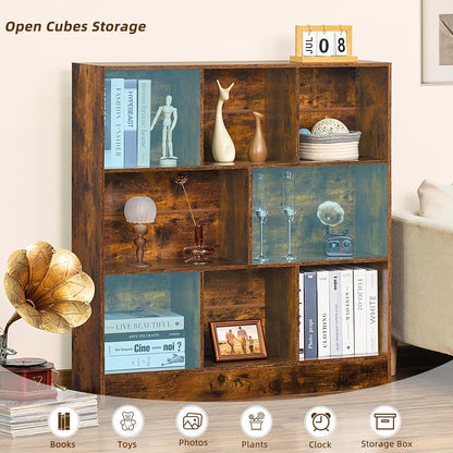 LEYAOYAO 8 Cube Bookshelf with Wood Base, Brown 3 Tier Mid-Century Modern Bookcase,Standing Wide Bookshelves Storage Organizer Shelf,Rustic Display Cabinet Book Shelves for Bedroom,Living Room,Office