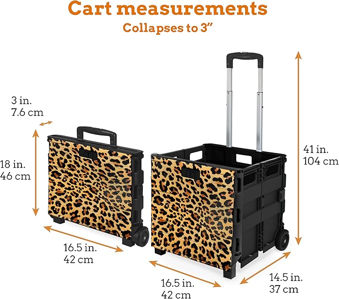 Inspired Living Ultra-Slim Rolling Collapsible Storage Pack-N-Roll Utility-carts, with Telescopic Handle, for Home, Garden, Shopping, Office, School use, Large, Leopard