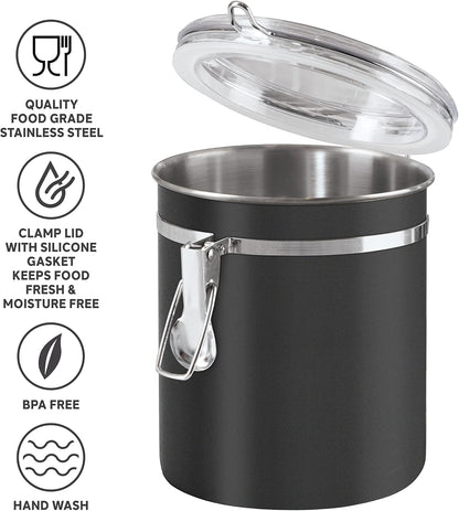 Oggi Stainless Steel Kitchen Canister 36 fl oz, Black - Airtight Clamp Lid, Clear See-Thru Top - Ideal for Kitchen Storage, Food Storage, Pantry Storage. Size 5" x 4.75".