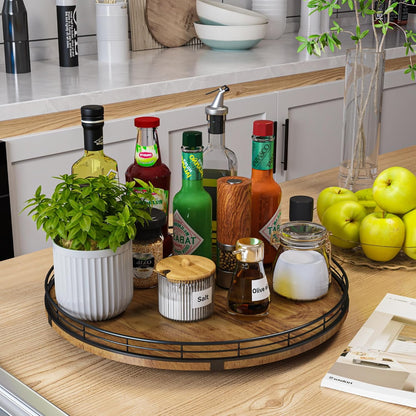 Farmhouse Oak 16" Lazy Susan Turntable Organizer for Cabinet, Round Wooden Lazy Susan Organization and Storage for Dining Table, Pantry, Kitchen, Countertop, Cupboard,Home Decor, Walnut Wood (16")