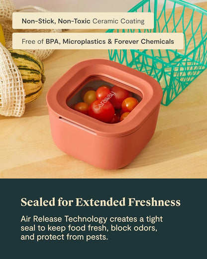 Caraway 2pc Glass Food Storage Set - 1.75 Cup Food Containers (2) - Non-Toxic Ceramic-Coated Glass - Air Release Technology - Compact & Stackable Design - Gray