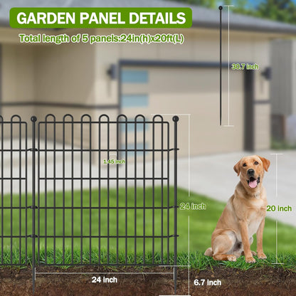 10 Panels No Dig Decorative Garden Fence for Yard, 24 in(H) X 20 ft(L) Animal Barrier Fencing for Outdoor Dog, Metal Portable Garden Fences for Borders, Pets, Landscape, Temporary Fence