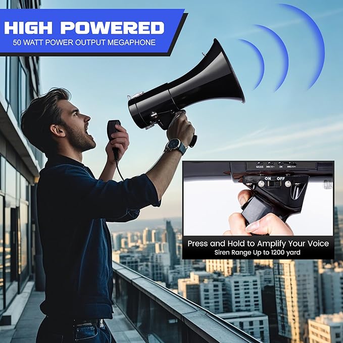 MyMealivos 50W Megaphone Speaker with Rechargeable Battery, Cover up to 1600ft Large Outdoor Space, Bulit in Sirens, 240s Recording and Sound Amplification, Supports AUX/USB/SD Card Input-Black