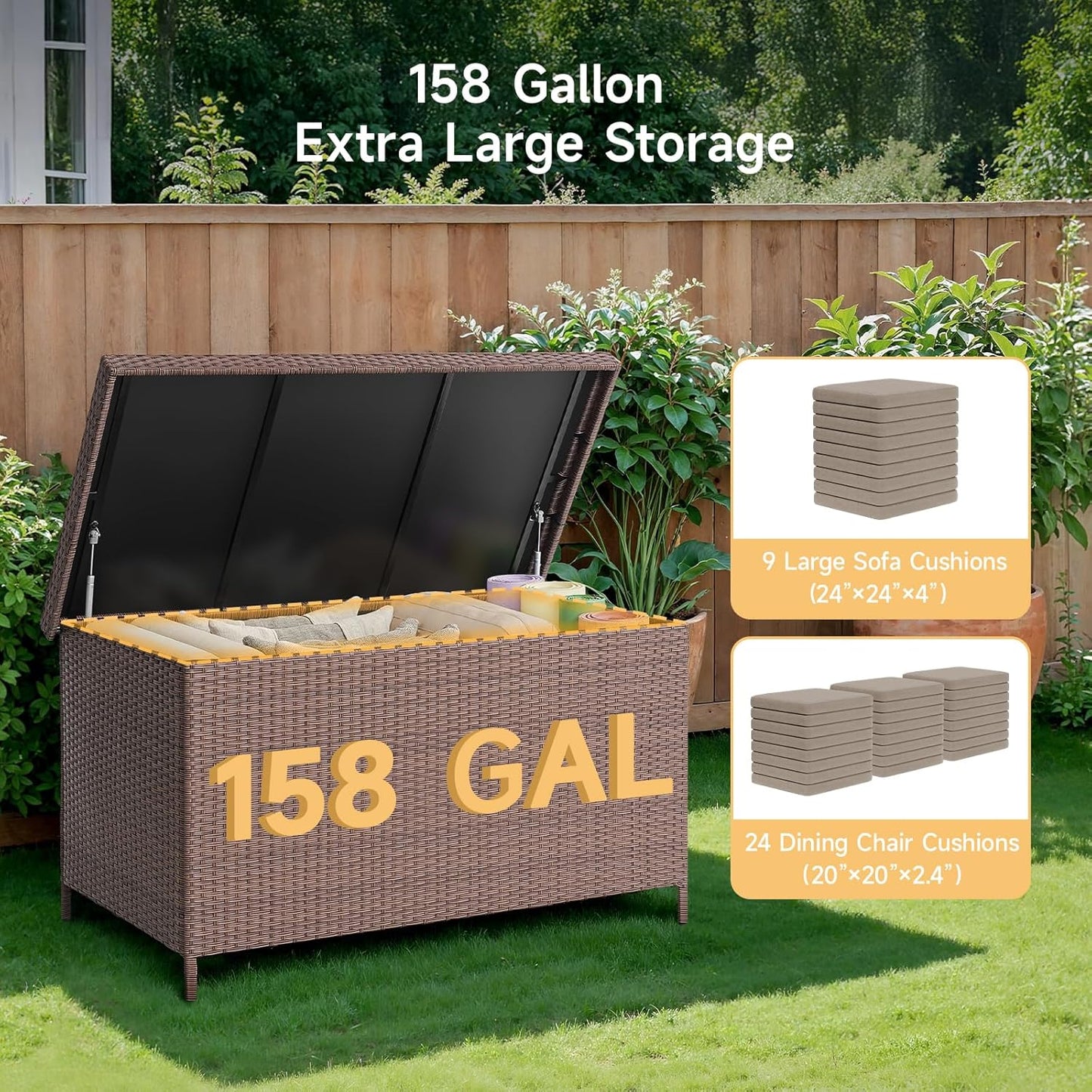 158 Gallon XL Deck Box with Lid, All Weather Wicker Outdoor Storage Box Waterproof, Large Outdoor Patio Storage Bin for Cushions, Garden Tools, Gears, Pool Accessories, Brown