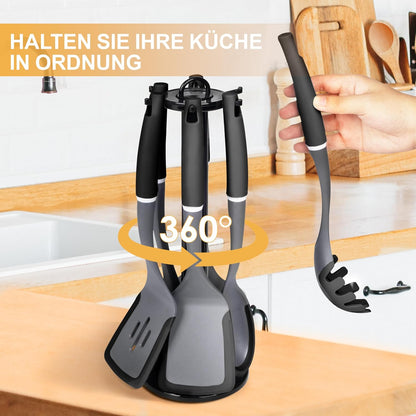 6-Piece Silicone Kitchen Utensil Set with Rotating Stand, Non-Stick, Heat-Resistant (400°F), Nylon Handle, Cooking Spatula Set for Baking & Cooking, Light Gray