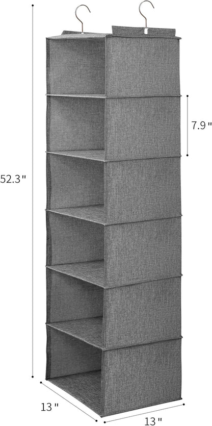 Large Hanging Sweater Organizer for Closet,Collapsible 6-Shelf Hanging Closet Shelves with Drawers, Washable (Grey-6 Shelf-2 d)