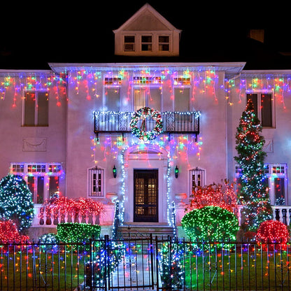 JMEXSUSS Icicle Christmas Lights, 200 LED Multicolor Indoor Outdoor Waterproof, 8 Modes Decorations for Xmas Roof Party Holiday