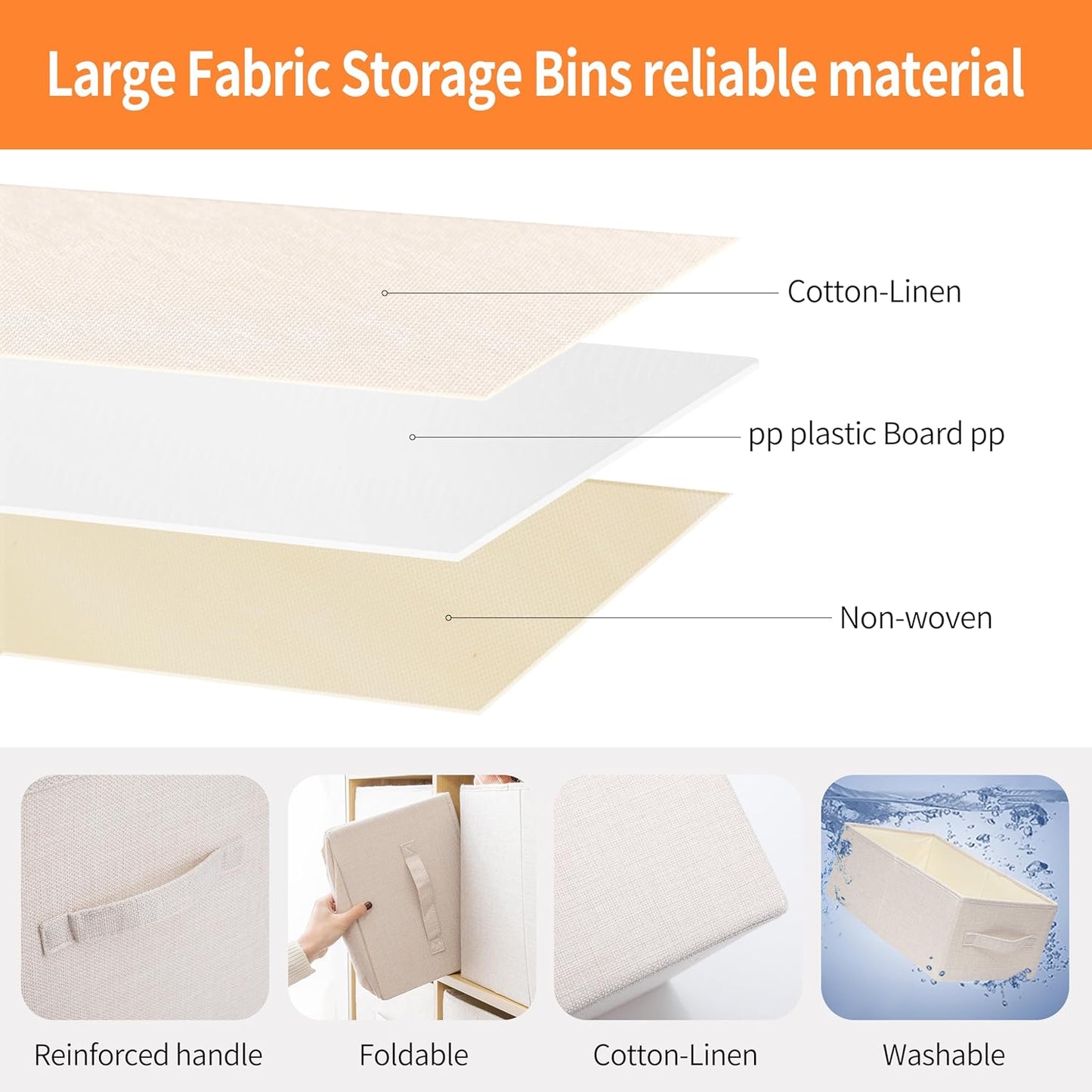 Linen Folding Storage Bins, 3 Pack Large Storage Baskets, Washable, Clothing Storage Bins with Handle, Closet Organizer for Storage Sweater,Sheets (Beige, 16"x9½"x6¾")