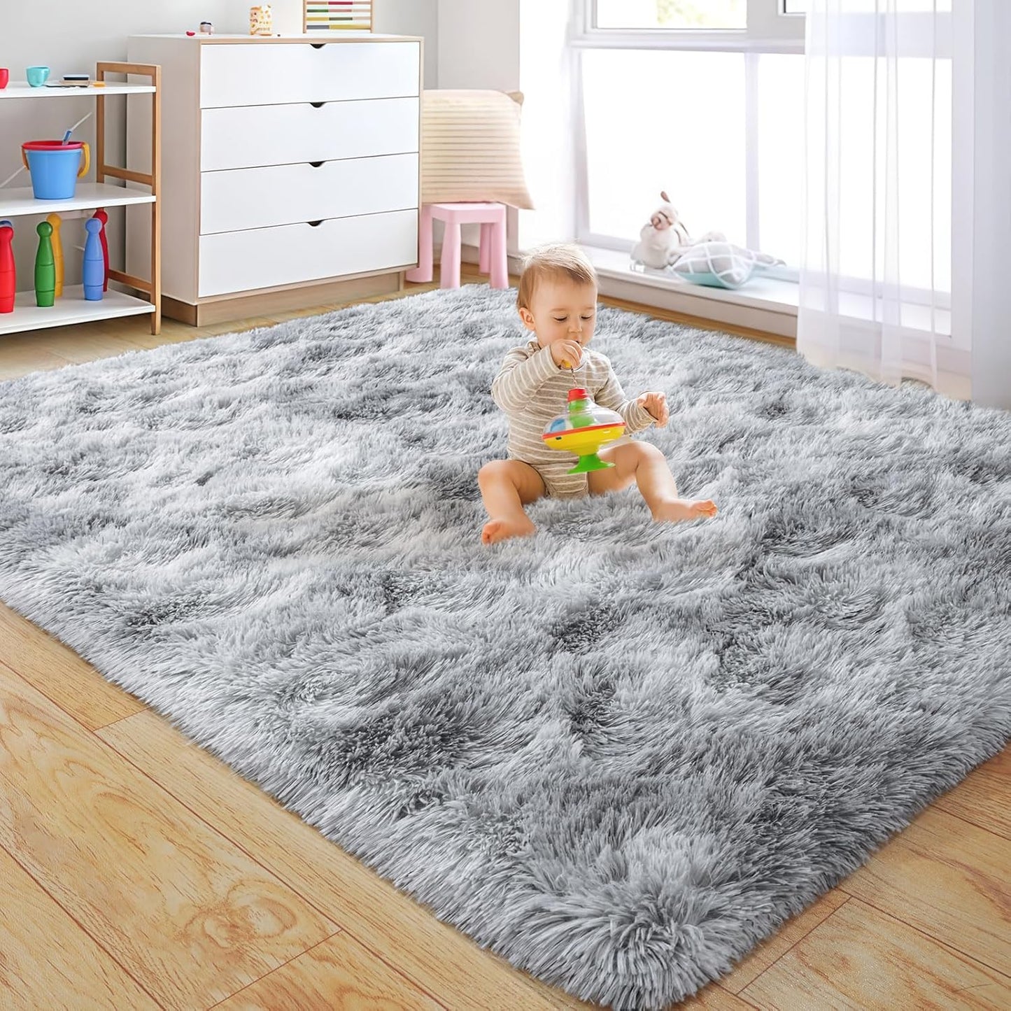 Rezutan Rugs for Living Room, Area Rug 5x7 Fluffy Rug Carpet, Soft Shaggy Modern Floor for Kids Boys Girls Bedroom, Plush Fuzzy Dorm Rug,Grey Tie-Dyed