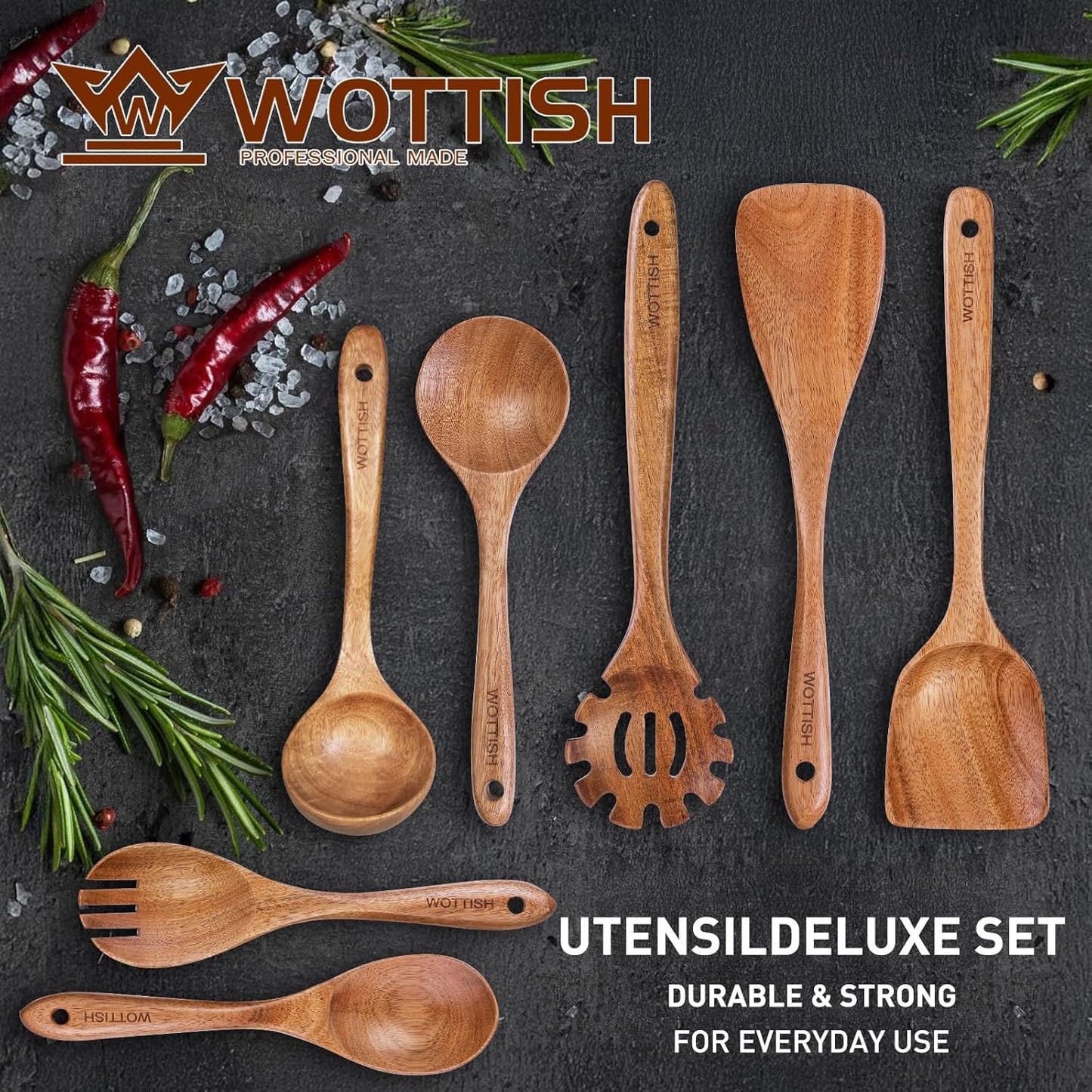 Wooden Utensil Set,WOTTISH 7Pcs Nonstick Wood Spatula,Wooden Kitchen Utensils Set Non Toxic,Wooden Spoons for Cooking（A07）