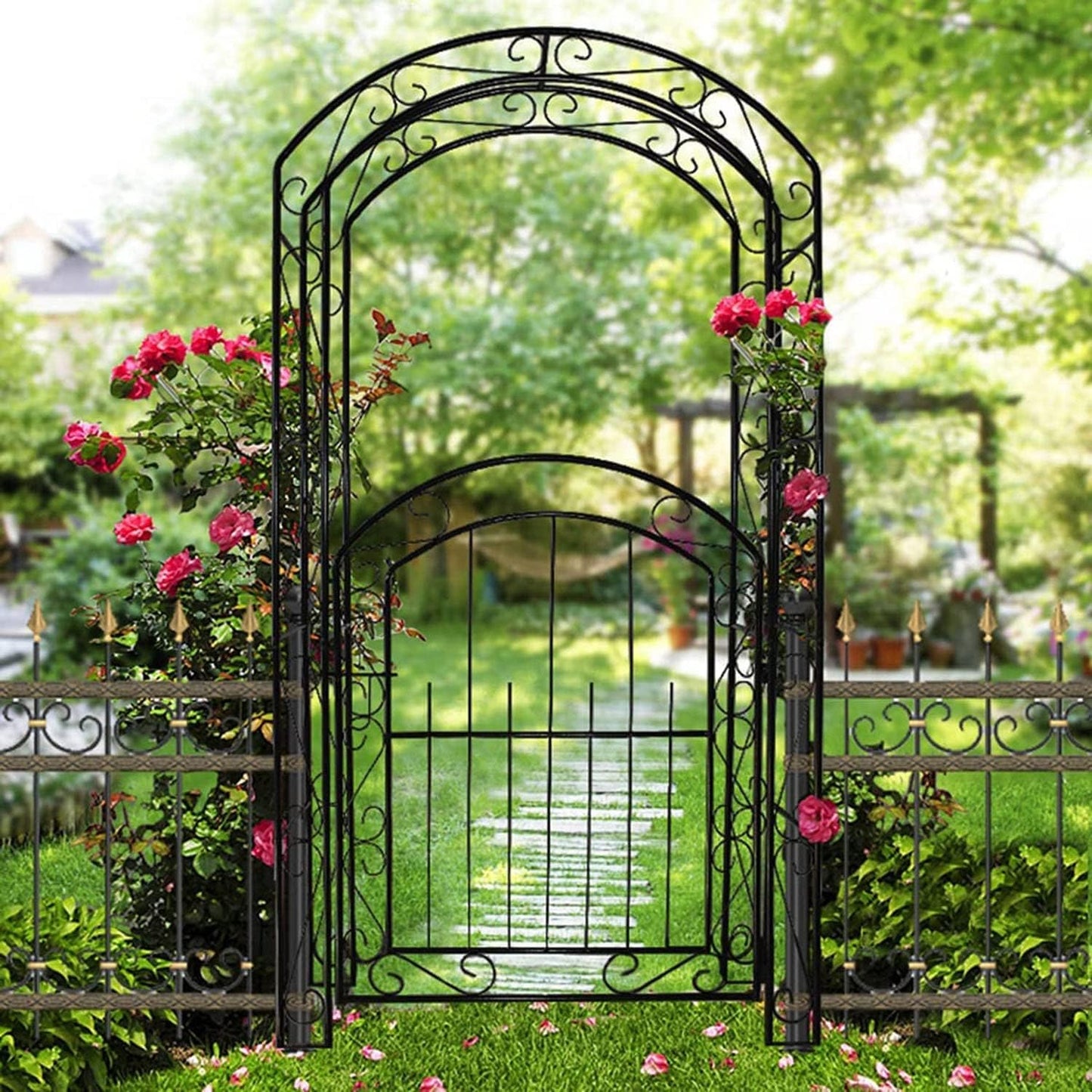 Steel Garden Arch with Gate, Garden Arbor for Various Climbing Plant, Metal Archway Trellis Pergola for Outdoor Garden Lawn Backyard Easy-to-Assemble Stereoscopic Garden Decorations