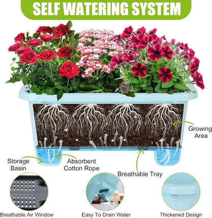 Self-Watering Rectangle Planter Boxes 8-Pack, 15.7-Inch Window Box Planter with Drainage Holes & Trays, Pots for Vegetables, Herbs, Flowers, Garden Windowsill Balcony (Sky Blue, 15.7*8.3*7.1 inch)