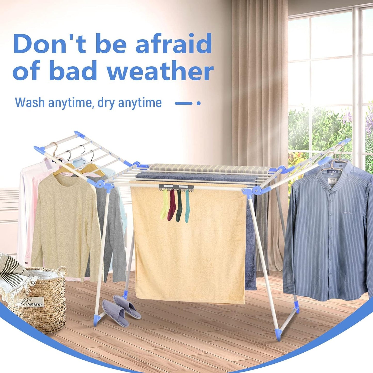 Clothes Drying Rack, Gullwing Laundry Rack, Collapsible, Space-Saving Laundry Rack, with Bonus Sock Clips, for Clothes, Towels, Linens, Indoor/Outdoor, Blue