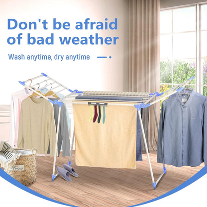 Clothes Drying Rack, Gullwing Laundry Rack, Collapsible, Space-Saving Laundry Rack, with Bonus Sock Clips, for Clothes, Towels, Linens, Indoor/Outdoor, Blue