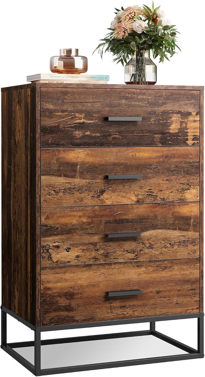WLIVE Wood Dresser for Bedroom with 4 Drawers, Tall Dresser with Sturdy Metal Frame, Wooden Chest of Drawers for Hallway, Living Room, Closet, Brown Oak