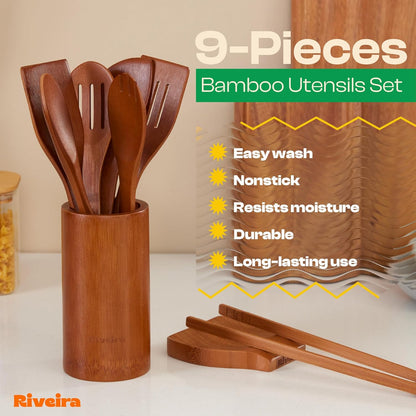 Riveira Premium Brown Bamboo Wooden Spoons for Cooking Set of 9 – Premium Brown Bamboo Wooden Cooking Utensils, Wooden Spatula, Wooden Spoon - Premium Quality Wooden Utensil Set for Non-Toxic Cooking
