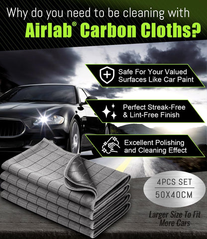 Airlab Carbon Microfiber Towels for Car Drying Window Glass Cleaner Magic Cleaning Cloth Auto Detailing Car Wipes Lint Free Rags Large Towel Interior Detailer, Pack of 4, 20" x 16", Grey