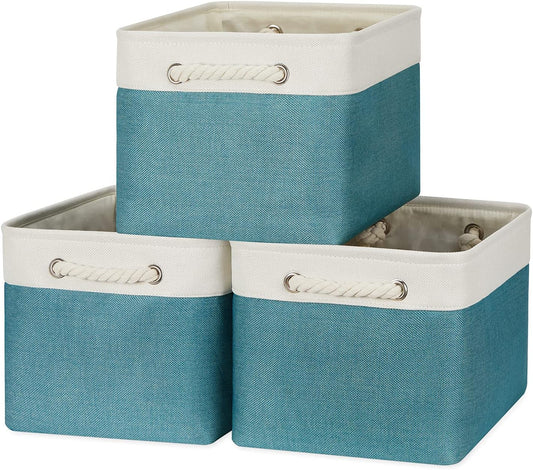 Bidtakay Basket Storage Bins with Handles Fabric Large Storage Baskets for Organizing Set of 3 Collapsible Rectangular Basket for Shelves Closet Organizer 15 X 11 X 9.5 Inches(White&Teal Blue)