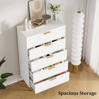 Fluted Wood Dresser 5 Drawers Dresser for Bedroom, Modern White Tall Dressers with Gold Handle, Wood Drawer Organizer for Bedroom, Living Room, Hallway, Entryway
