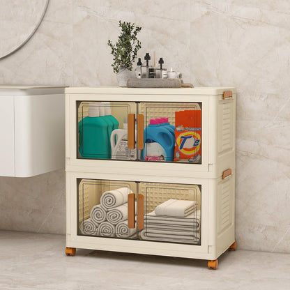 Plastic Stackable Storage Bins with Lids and Wheels, Closet Organizers and Storage Containers for Bathroom, Collapsible Clear Drawer Storage Cabinet with Doors 38Gal 2Tiers