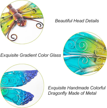 POXOHO Handmade Metal and Glass Dragonfly Wall Decor - Outdoor Garden Fence Art - 15 * 8.6 inches Rustic Scenic Wall Art for Patio, Bedroom, Bathroom Vivid Hanging Decoration
