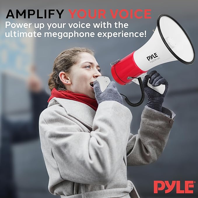 Pyle 50W Megaphone Bullhorn - Portable, Automatic Siren & Adjustable Volume, Projection Range Up to 1200 Square Yards, Aux Input, Talk, Siren, Music, Whistle, & Record, Shoulder Strap (Black)