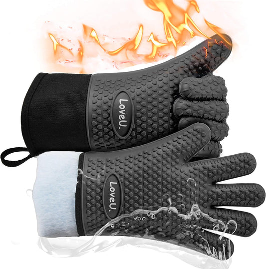 Kitchen Oven Gloves - Dual-Layer Heat Resistant Grilling Gloves, Silicone Oven Mitts with 5 Fingers, Waterproof Non-Slip Pot Holder for Barbecue, Cooking, Baking (Black Long)