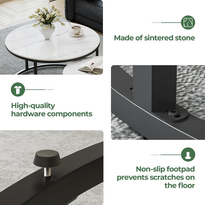 Modern White Coffee Table Set of 2 - Sintered Stone Top & Sturdy Metal Base, fo Living Room Bedroom Apartment