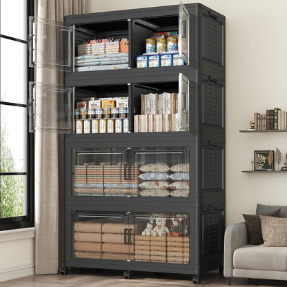 160GAL Extra Large Storage Bins with Lid, 640Qt Stackable Closet Organizers and Drawers, Collapsible Storage Bins with Wheels, Folding Storages Cabinet for Home Bedroom Office, 4Pack Black