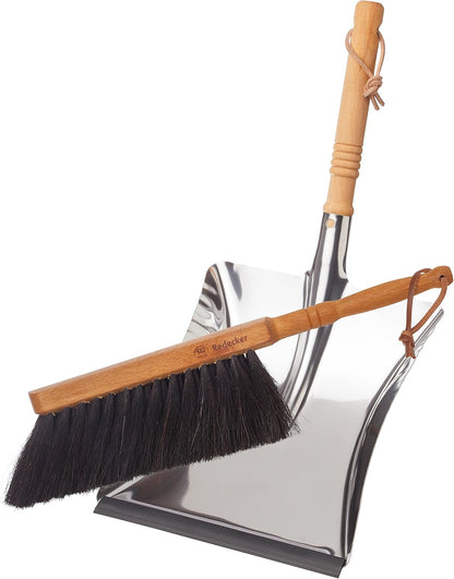 REDECKER Horsehair Fiber Hand Brush and Dust Pan Set - Wooden Broom and Dustpan Set for Home - Outdoor Dust Pan and Brush - Oiled Beechwood Handles - Large Capacity Stainless Steel Dust Pan