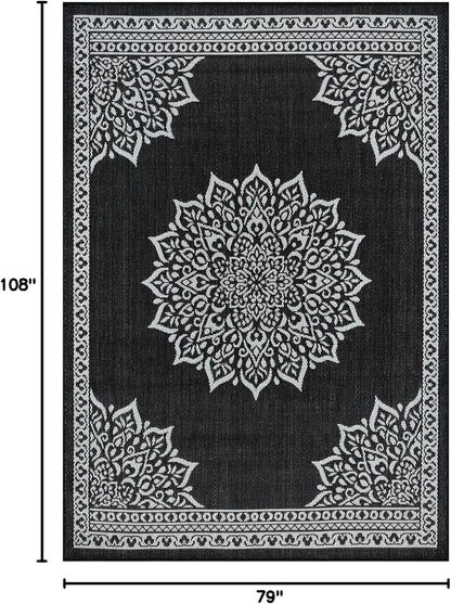 CAMILSON Outdoor Rug, 6x9 Medallion Black White Modern Area Rugs for Indoor and Outdoor Patios, Kitchen and Hallway Mats, Washable Porch Deck Outside Carpet (Medallion Black, 6 x 9)