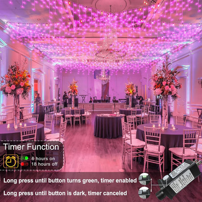 Pink Christmas Lights Outdoor, 33ft 400 LED Icicle Lights for Outside Clear Wire Connectable Twinkle Light with 8 Modes Timer Plug in Waterproof for Window Party Wedding Holiday Patio Tree Decorations