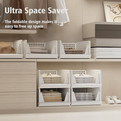 4 Pack Stackable Plastic Storage Basket Closet Organizer Bin Foldable Clothes Organizer Storage Drawer Shelf Container for Living Room Bathroom Kitchen Office (2L+2S)