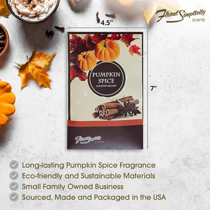 Simplicity Scents Pumpkin Spice Scented Sachets Pack of 3, Fall & Winter - Long-Lasting Scented Bags, Home Fragrance, Air Freshener & Deodorizer for Closet, Room, Drawer, or Cars, Made in USA
