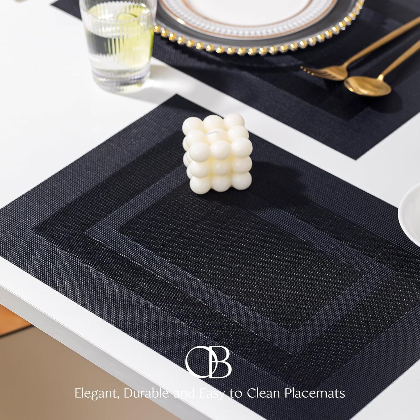 Placemat Set of 4 - Easy Clean Woven Vinyl Placemats for Dining Table, Indoor/Outdoor Place Mats, Washable PVC Table Mats（Black Cube）