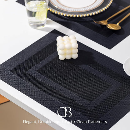 Placemats Set of 6 - Easy Clean Woven Vinyl Placemats for Dining Table, Indoor/Outdoor Place Mats, Washable PVC Table Mats（Black Cube）