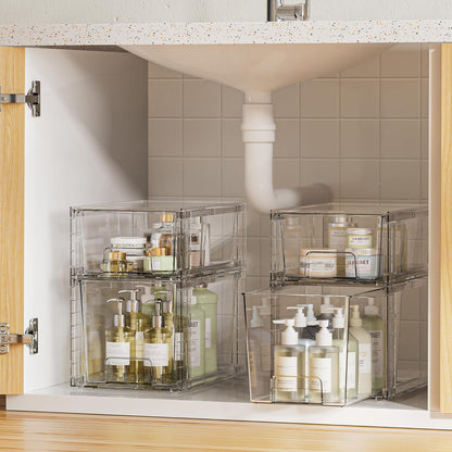 Vtopmart 8 Pack Clear Stackable Storage Drawers,Easy to Assemble Bathroom Organizers and Storage with handles,Plastic Drawers for Kitchen Pantry,Cabinet,Under Sink Organization