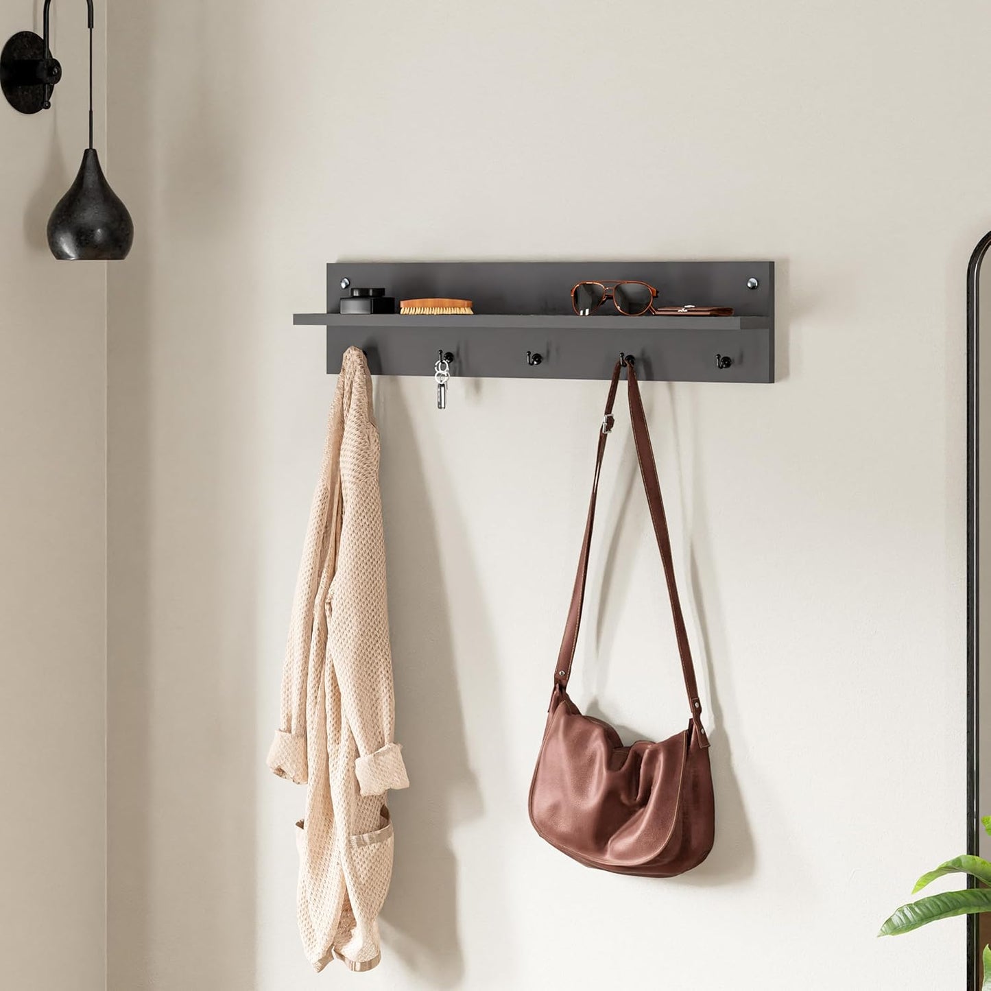 Modern Wall-Mounted Coat Rack with Shelf and Hooks - Wooden Entryway Organizer (Grey)