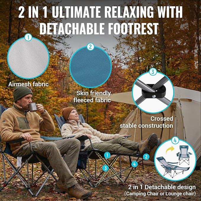 #WEJOY 2-in-1 Reclining Camping Chair with Footrest for Adults Folding Lounge Chair with Adjustable Backrest Lightweight Camping Chairs Heavy Duty Camp Chairs for Outdoor