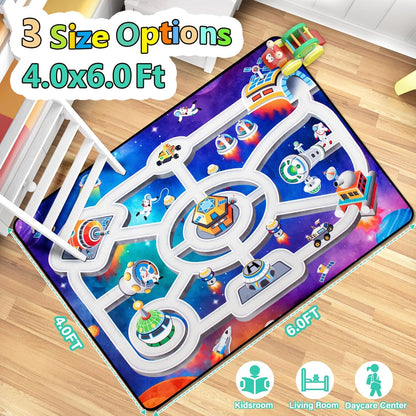 Kids Rug, Space Themed Baby Play Mat, 4x6 Ft Playroom Rug, Colorful Cartoon Outer Space, Planet, Rocket, Spaceship Road Carpet for Playroom, Educational Learning Carpet for Kids Mat